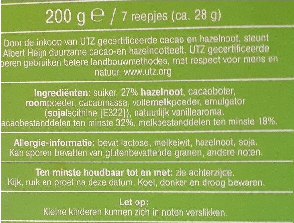 Melk hazelnoot içindekiler