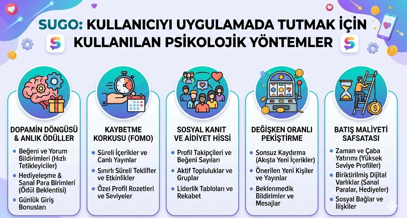 SUGO’nun kullanıcıyı uygulamada tutmak için kullandığı psikolojik yöntemler